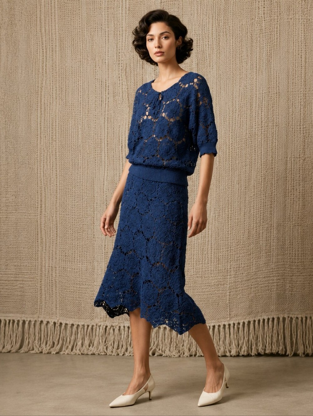 Vintage 70s Blue Open Crochet Dress Set Size Small Boho Resort Festival Vacation